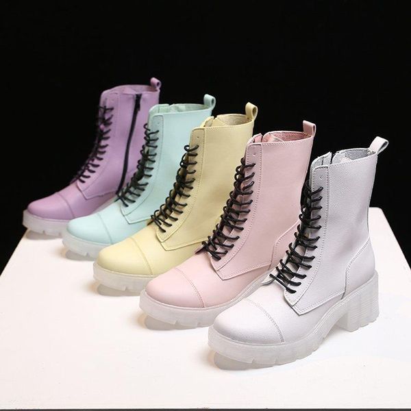 

boots fashion women ankle leather leisure botines mujer candy colors thick heels round head shoes eo0g, Black