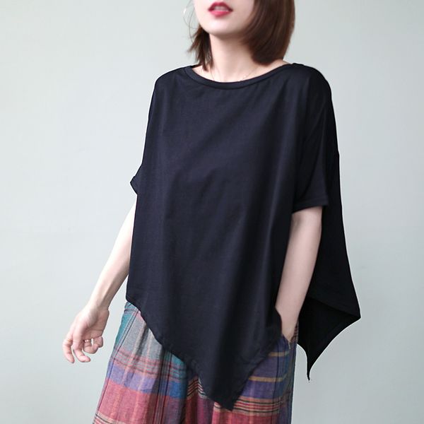 

johnature women black irregular t-shirts casual loose short sleeve o-neck summer clothes female t-shirts 210521, White