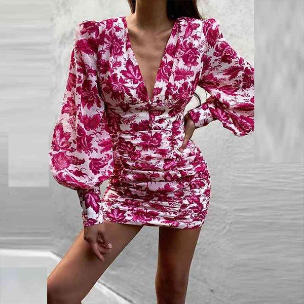 

women deep v button bodycon dress floral print party dresses lady fashion elegant lantern sleeve draped mini dress, Black;gray