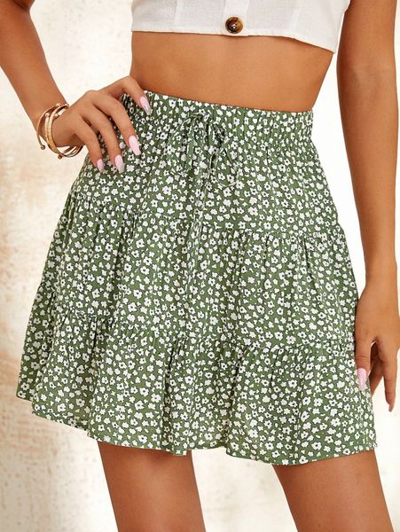 

tie waist ruffle hem ditsy floral skirt p0xd#, Black