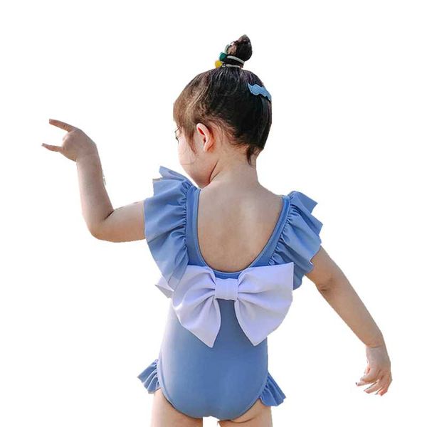 

summer girl blue swimwear solid color kids one-piece pink born beachwear cute infant clothing with ribbon one-pieces, Black