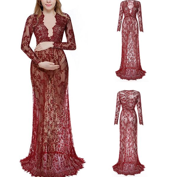 

wine red maternity sleepwear lace applique v neck long sleeve skirts for pshoot boudoir lingerie bathrobe nightwear, White