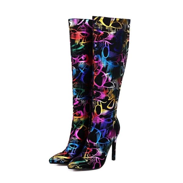 

boots us4-11 womens leather flowers leaves printed mixed colors knee thigh warm winter stilettos high heel zip shoes plus sizex1, Black