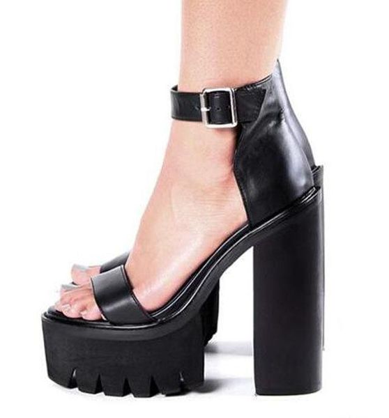 

dress shoes ins fashion platform high heel summer open toe cow leather ankle strap antiskid thick heels sandals women street, Black