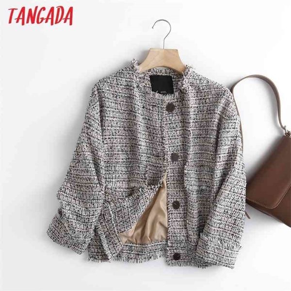 

tangada spring women elegant plaid jacket vintage buttons pocket office lady fashion coat 6d38 210804, Black;brown