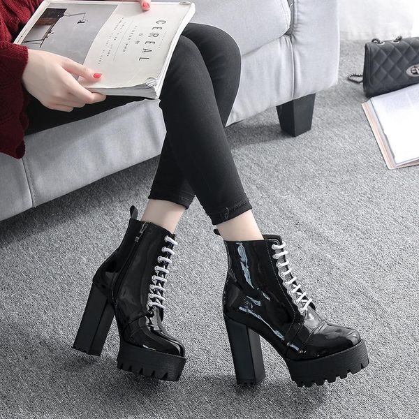 

boots platform coarse heel short dance woman cylinder patent leather waterproof shoe tide, Black