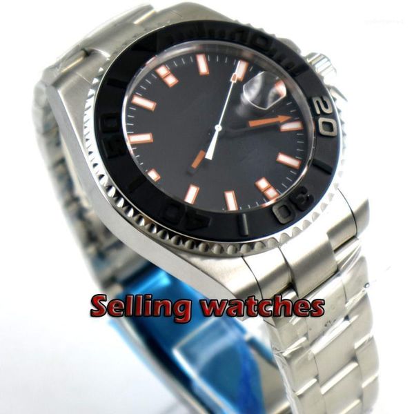 

43mm men's watch black dial sapphire glass date magnifier automatic movement wrist wristwatches, Slivery;brown