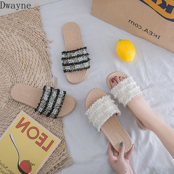 

slippers summer pearl weaving sandals and korean fashion flat beach outdoor women's 1iay, Black