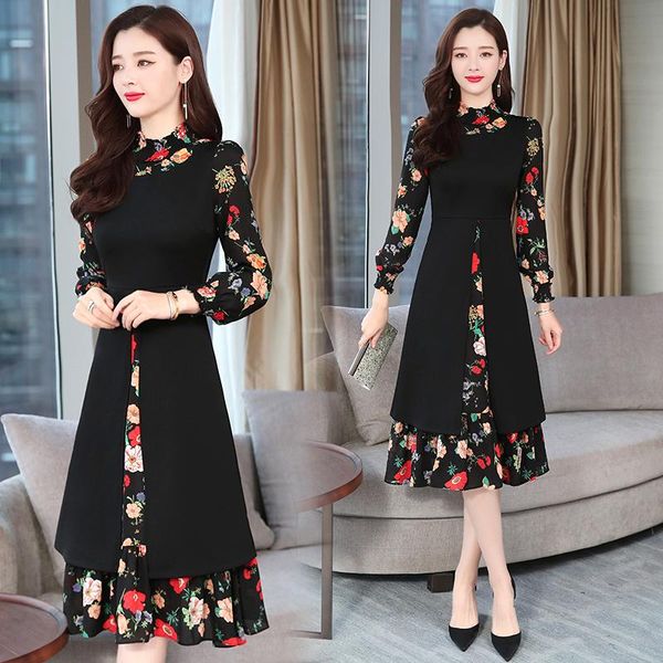 

spring plus size dresses elegant long sleeved birthday dress for women pattern black splicing clothes casual, Black;gray