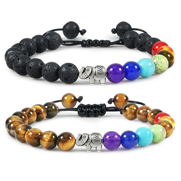 

beaded, strands 7 chakra healing bracelet 8mm natural lava stone tiger eye elephant beaded woven rope chain yoga bracelets for men women jew, Black