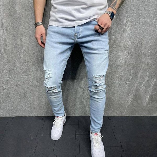 

men's jeans trendy knee holes youth slim pants stretch feet trousers, Blue