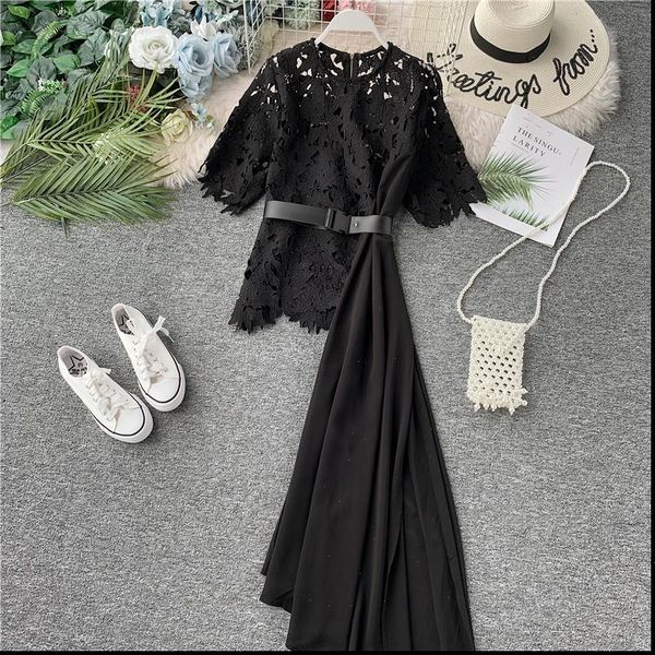 

[ewq] summer women dresses round neck lace short sleeve hollow stitching chiffon irregular ladies casual holiday dress qv1509, Black;gray