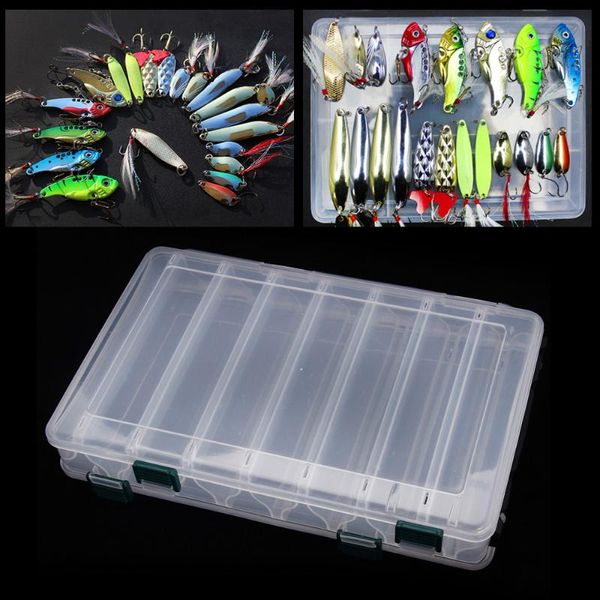 

27*18*4.7cm double sided transparent visible plastic fishing lure box 14 compartments with drain hole tackle boxes accessories