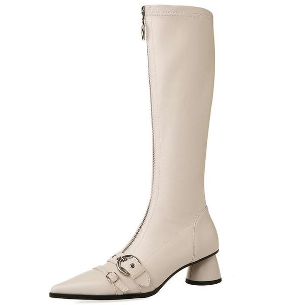 

boots pointed toe high heels knee for women genuine leather classic design night club shoes woman black beige size 41 42 43