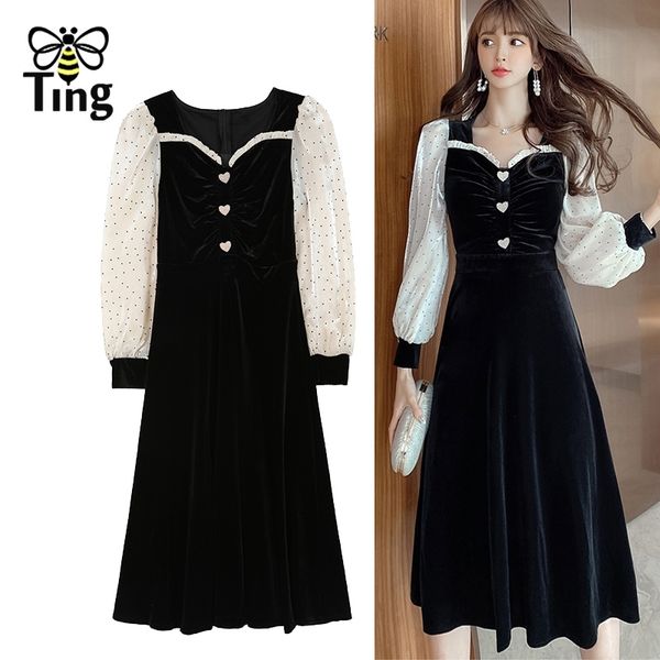 

vintage elegant women black velvet dress spring summer heart love button a line casual midi long vestidos 210513, Black;gray