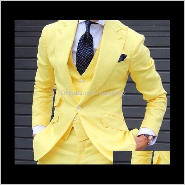 Blazers roupas vestuário entrega entrega 2021 por atacado- mais recente casaco calha desenhos de amarelo mens noção de casamento ternos 3 peças noivo smoking