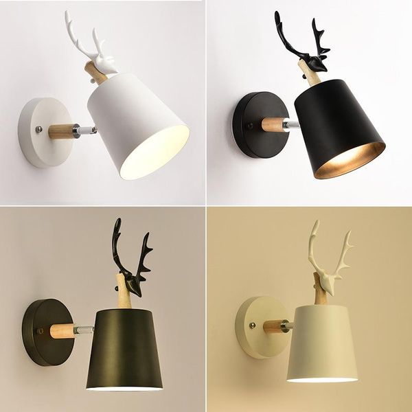 

wall lamp nordic modern deer antlers led light solid wood black white e27 iron animal home fixtures for bedroom foyer wf