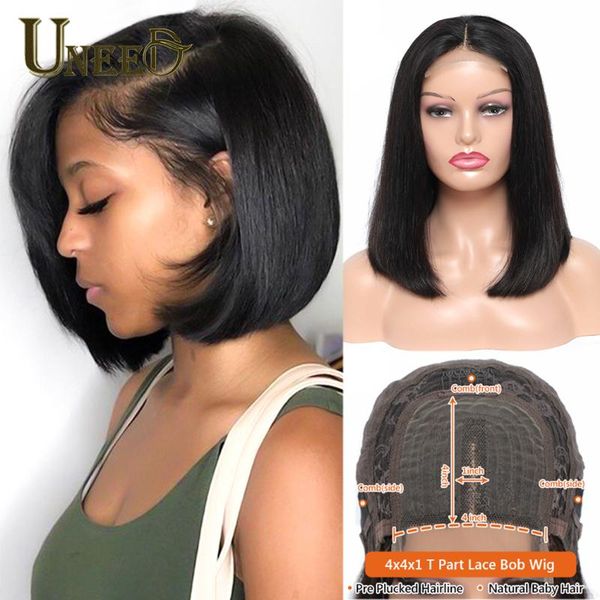 

uneed straight bob wig lace front human hair wigs 4x4x1 t part brazilian short for black women, Black;brown