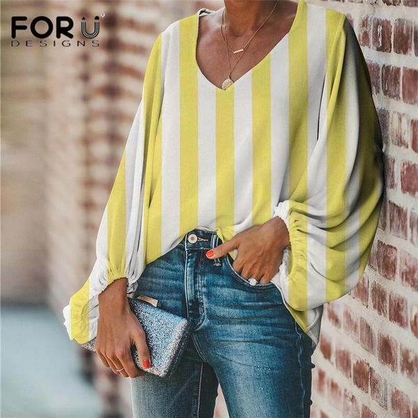 

women's blouses & shirts forudegins 2021 fashion blouse for women girls yellow stripe design v-neck lantern sleeve elegant lady street, White