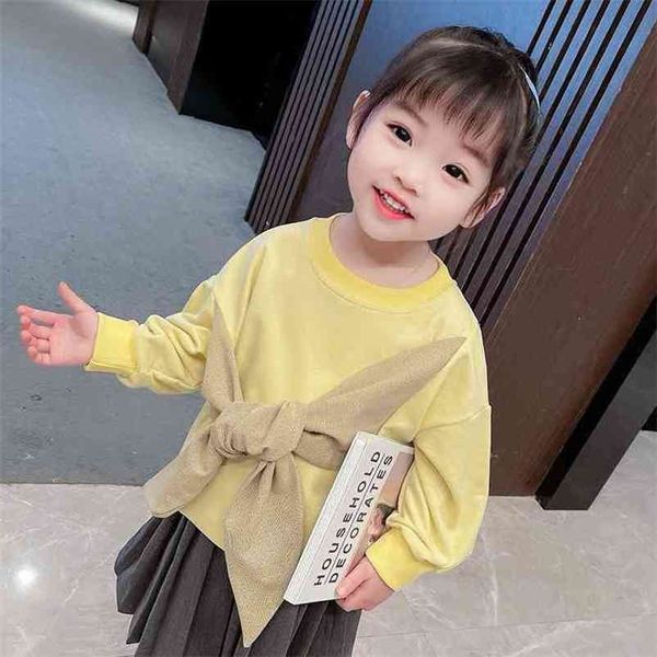 Gooporson Primavera Abbigliamento per bambini Moda coreana Camicia per bambine Grande Papillon Felpa Carino Bambino Costume per bambini Autunno Outfit 210715