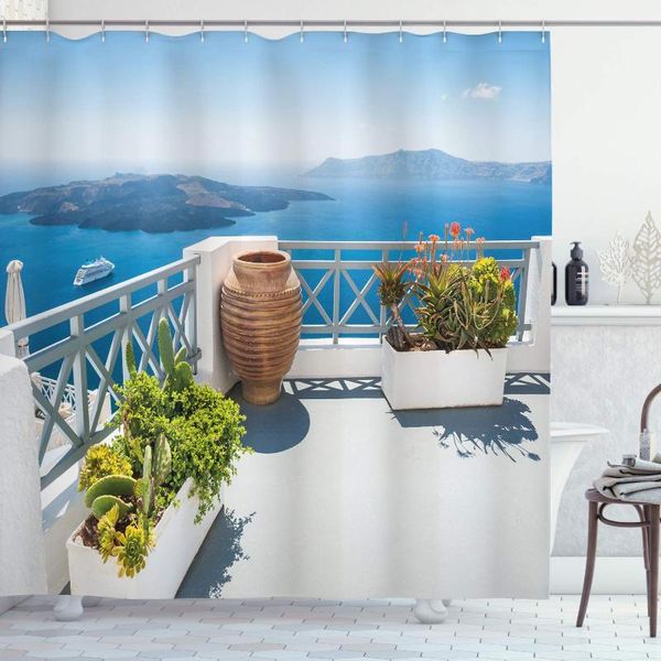 

shower curtains landscape curtain, santorini island greece aegean sea trees flowers clear sky po print, cloth fabric bathroom decor