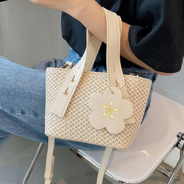 

summer straw bucket bags 2021 women's brand beach shoulder bag small flower tote handbag female braided crossbody messenger