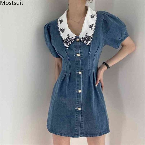 Sommer Blau Denim Stickerei Mini Kleid Für Frauen Kurze Puff Sleeve Buttons Up Hohe Taille Mode Party Kleider Koreanische 210513