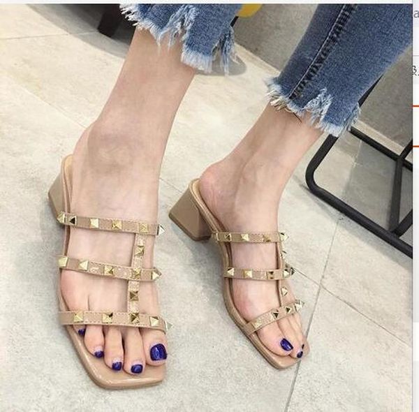 

slippers mid-heel women 2021 summer outdoor wear all-match net red rivet thick heel sandals and, Black