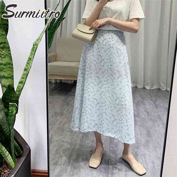 

spring summer midi skirt women korean style floral print high waist aesthetic long female 210421, Black