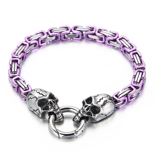 

6mm 8.66 48g spring ring clasp stainless steel byzantine chain bracelet biker skull end bangle for mens gifts red/ blue/purple, Black