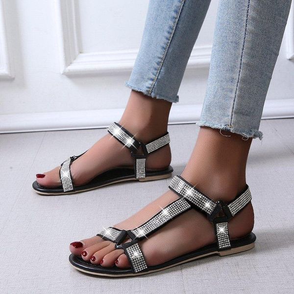 

women flat sandals summer beach crystal rhinestone open toe rome slippers plus size 35-43, Black