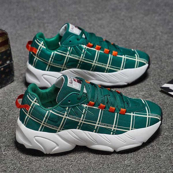 

spring couple chunky casual shoes men new fashion grid printed platform shoes green lightweight mens sneakers zapatillas hombre