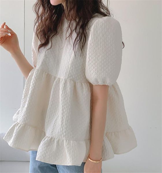 

women's blouses & shirts limiguyue sweet ruffle doll shirt korean puff sleeve blouse causal women summer solid blusas mujer de moda k1, White