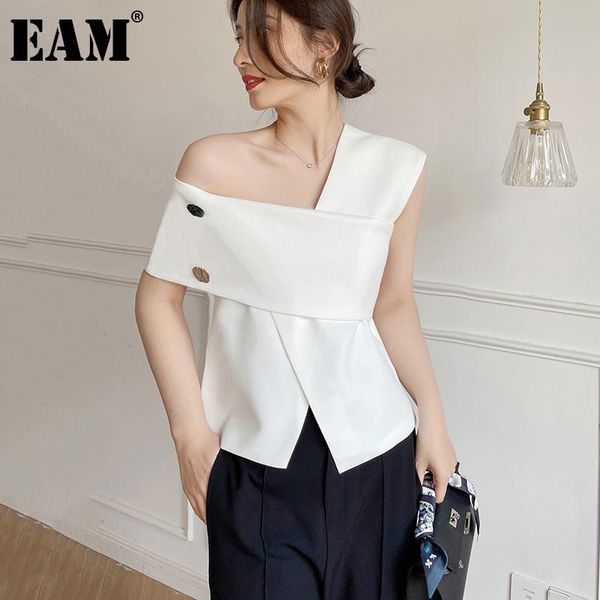 

women's blouses & shirts [eam] women white button hem vent blouse skew neck short sleeve loose fit shirt fashion tide spring summer 202