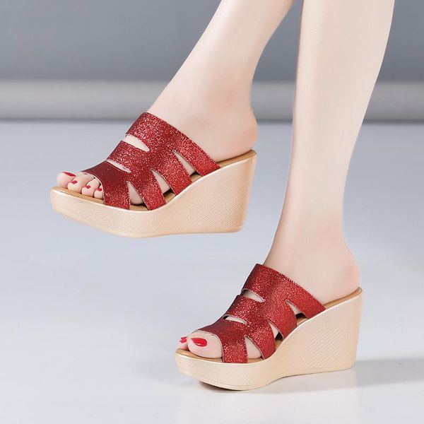 

women shoes platform slippers summer high heels fashion female wedges sandals ladies plus size 33-43, Black