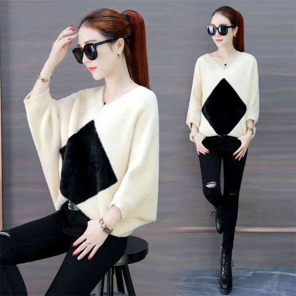 

faux mink cashmere hooded bat shirt fairy coat loose air lazy wind net red sweater women cope 210427, White;black