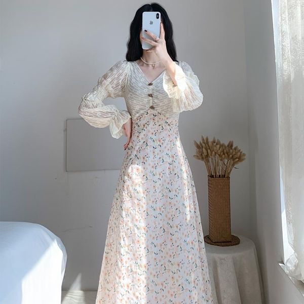 

casual dresses french rose flower lace fairy dress embroidere vestido floral women fall chiffon stitching print romantic first love femme, Black;gray