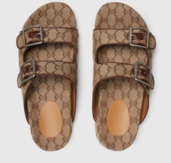 

2023 women multicolor flat slippers sandals with 2 straps lady fashion metal buckle beach slides men's lace-up scuffs for summer 35-43, Black