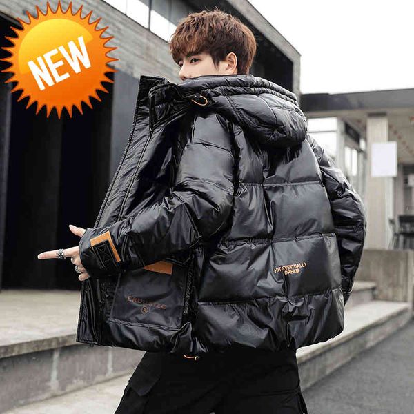 

casual 2021 winter white duck down jackets men's trendy hooded parkas couples ins cold thick warm outwear shiny short coats, Black