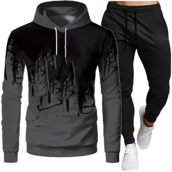 

white black men hoodies set fashion 2020 autumn brand casual tracksuit mens set sports two piece patchwork hoodie pant male suit, Gray