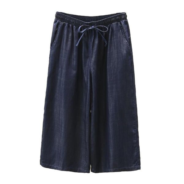 

women's jeans women summer lady wide leg pants female thin tencel denim trousers calf length loose fashion plus size pantalones s41 777, Blue