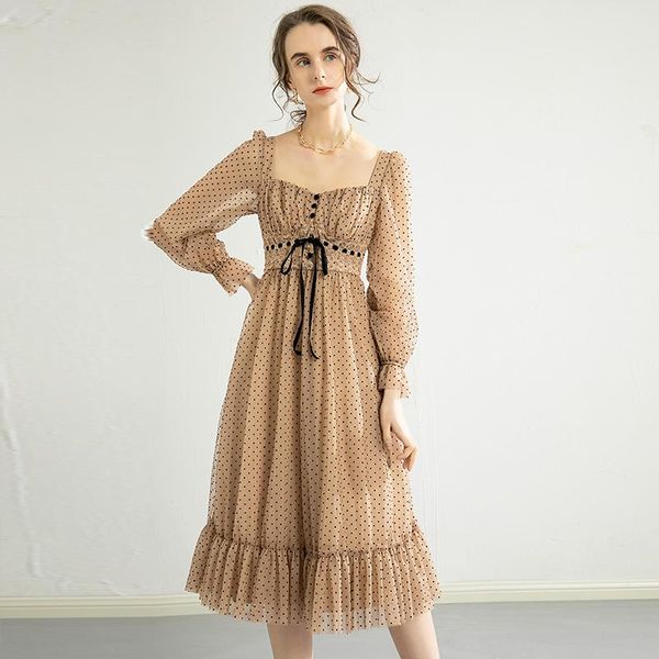 

casual dresses evening party vintage dot dress female bow puff sleeve ruffle high waist chiffon sweet elegant slim beautiful, Black;gray