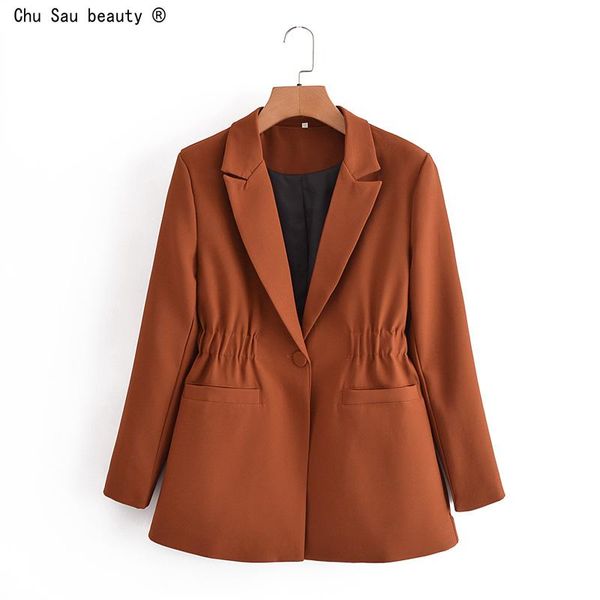 

women's suits & blazers spring autumn 2021 turn down collar long sleeve one button elastic waist folds coat women blazer casual solid c, White;black