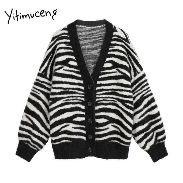 

yitimuceng zebra pattern sweater women cardigans knitted mohair v-neck korean plus size fall spring clothes japanese 210601, White