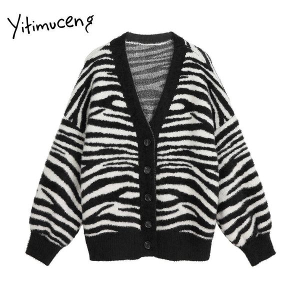 Yitimuceng Maglione con motivo zebrato Cardigan da donna lavorato a maglia in mohair con scollo a V top coreano taglie forti abiti primaverili giapponese 210601