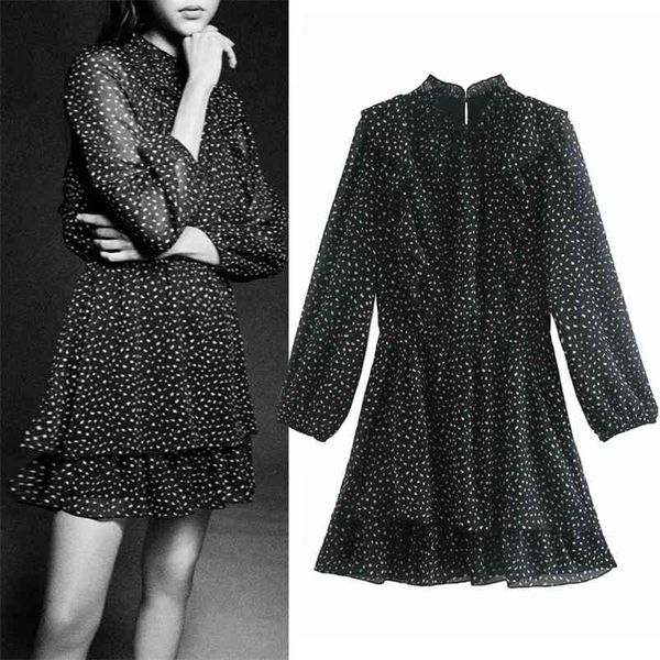 

black print long sleeve dress woman autumn high neck chiffon ruffle mini women elastic waist vintage elegant es 210519, Black;gray