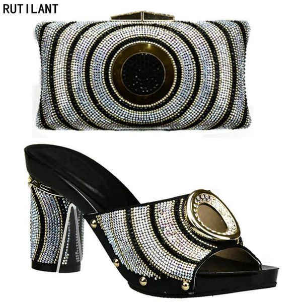 

latest african matching shoes and bags italian in women black color ladies bag set decorated with rhinestone dress