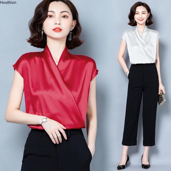 

women's blouses & shirts houthion blouse solid color short sleeve shirt summer embroidered drop collar silk casual fashion, White