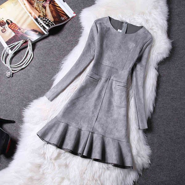 

casual dresses autumn winter women elegant suede splice fashion fishtail ruffle bottom long sleeve vestidos ejf0, Black;gray