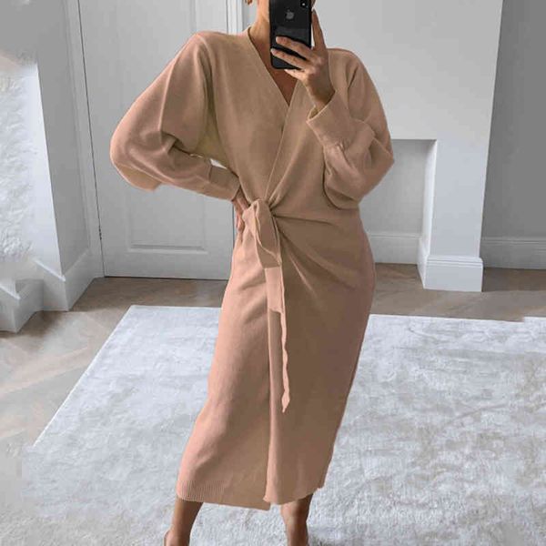 

high street dress sweater women autumn winter lace up slim slit dress casual solid color v-neck dress sweater female 210514, Black;gray